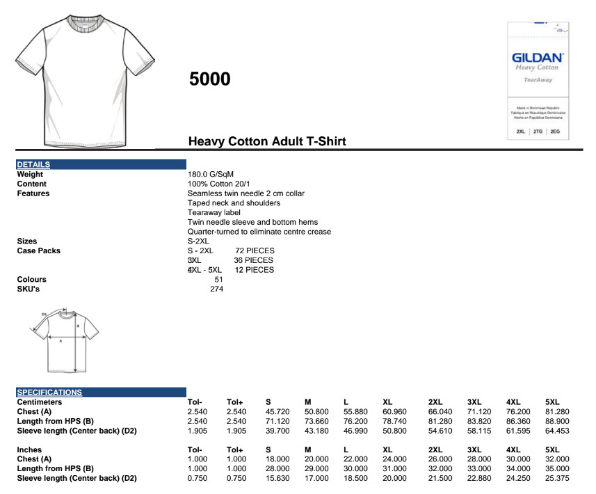 Gildan 8000 Size Chart